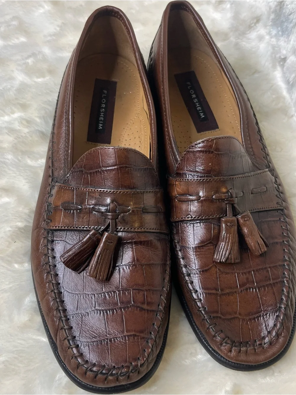 Vintage Florsheim Leather Pisa Moc Toe Tassel Crocodile Print Loafers Size 10.5B